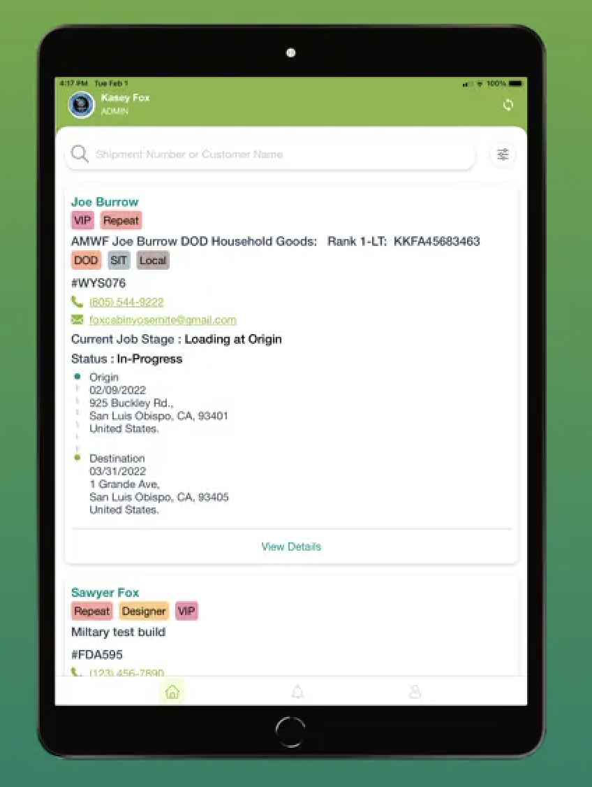 Mover Inventory screenshot: Mover Inventory track shipments