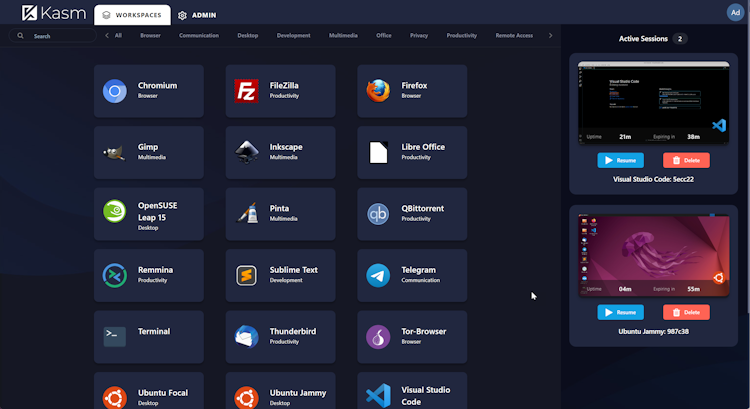 Kasm Workspaces screenshot: App Launcher