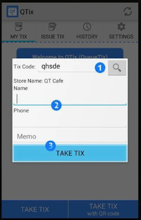 QueueTix screenshot: Queue tickets can be generated in QTix through store codes