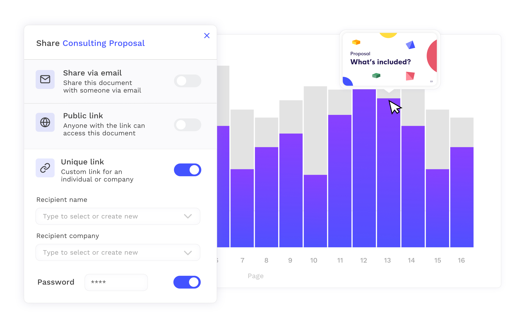 Set viewer identity verification and share files via email or custom links. Document analytics and page-by-page viewer insights show you when your files are interacted with and how they are viewed.-thumb