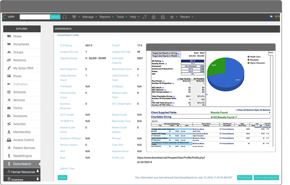Salsa CRM Software - Salsa CRM integrates with wealth intelligence softwares including DonorSearch and WealthEngine