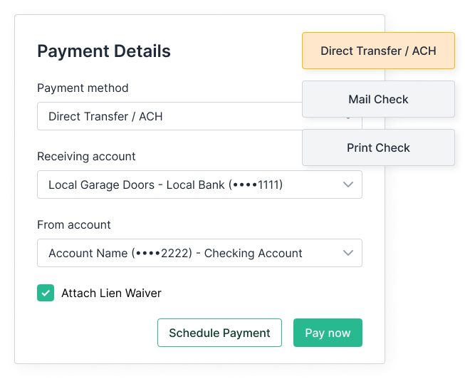 Pay your subs and suppliers any way you’d like. Use Adaptive to request ACH details from your vendors, and pay by check or direct transfer. We'll keep your vendors happy with automated notifications and reminders.