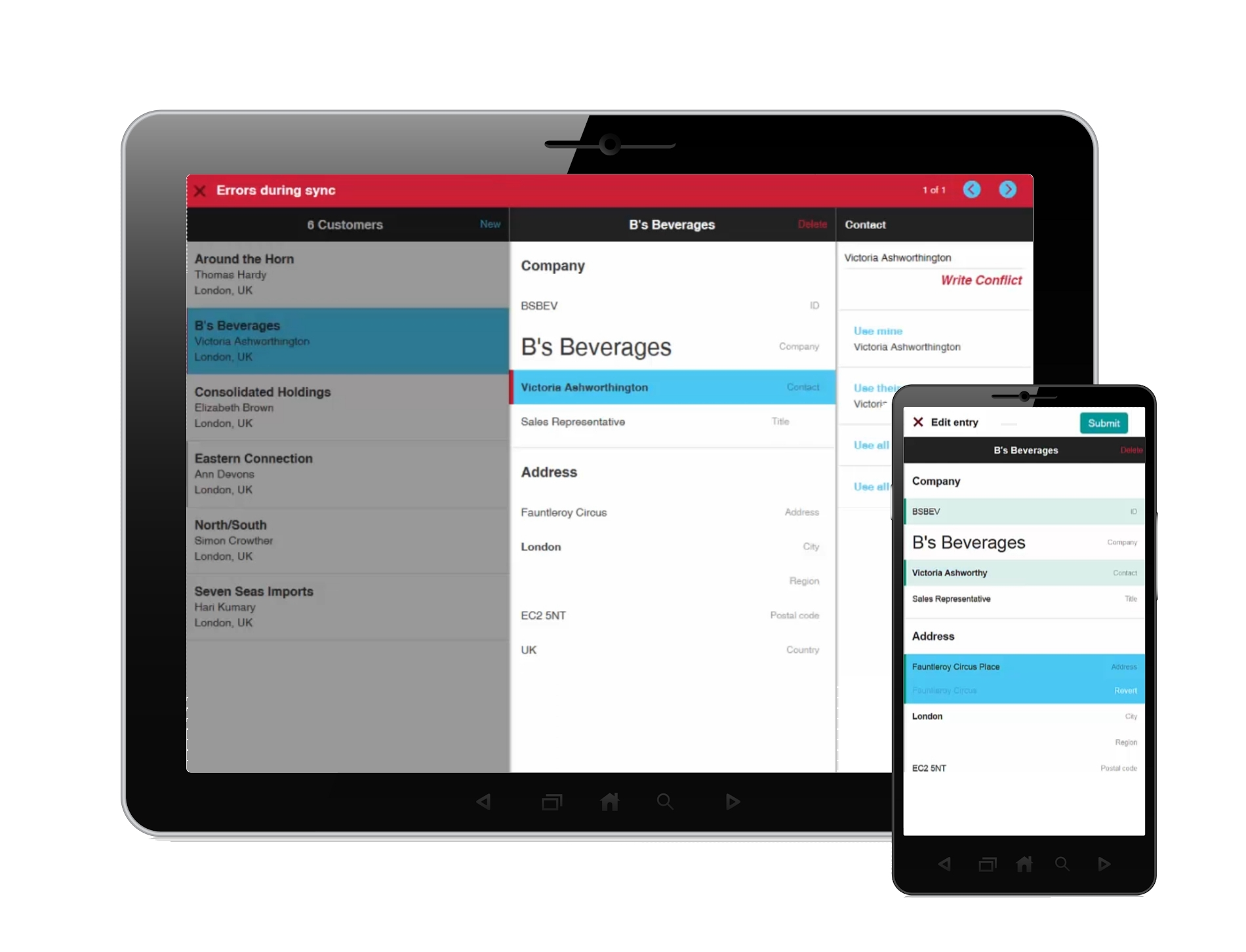 Alpha Anywhere apps automatically sync data which is added whilst offline and detects conflicts