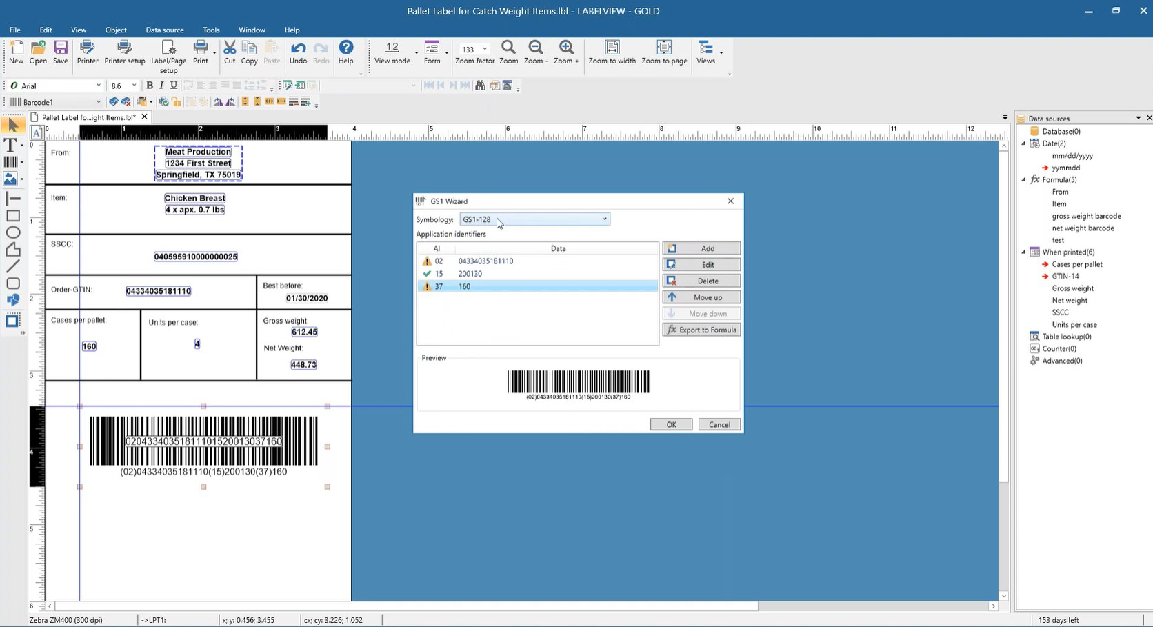 LABELVIEW how to add a GS1 barcode with a GS1 wizard
