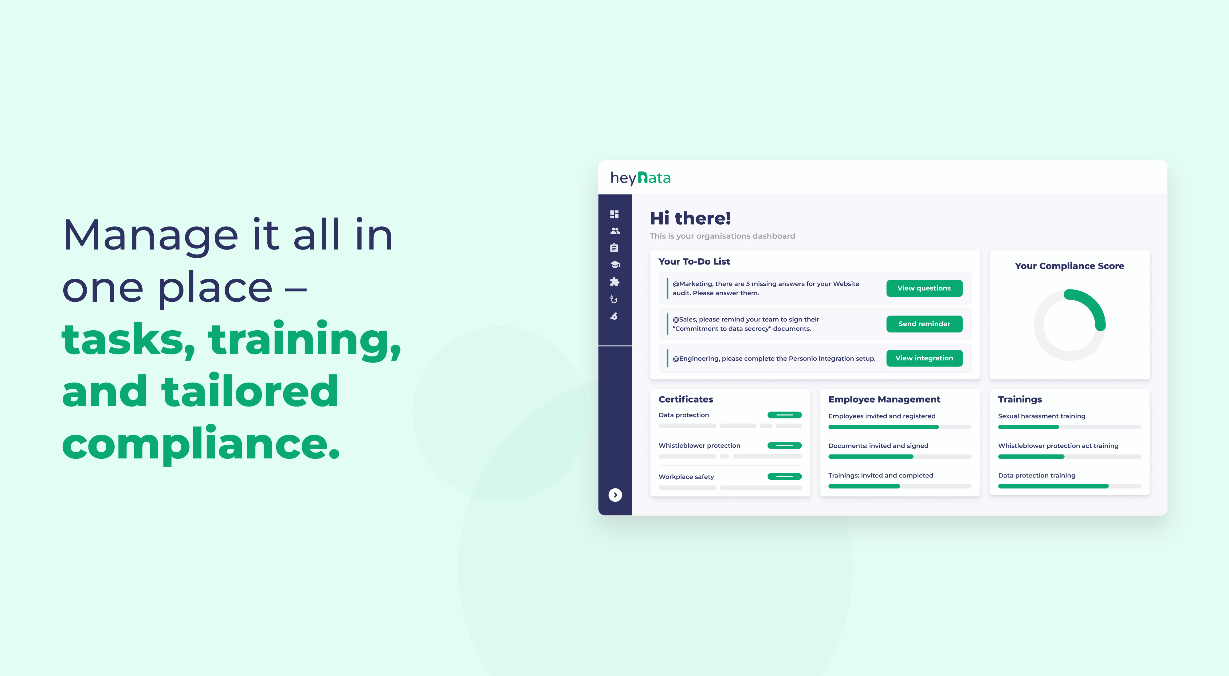 heyData screenshot: With our all-in-one compliance solution, you can securely and sustainably comply with major frameworks like GDPR, NIS2, ISO27001, EU AI Act.