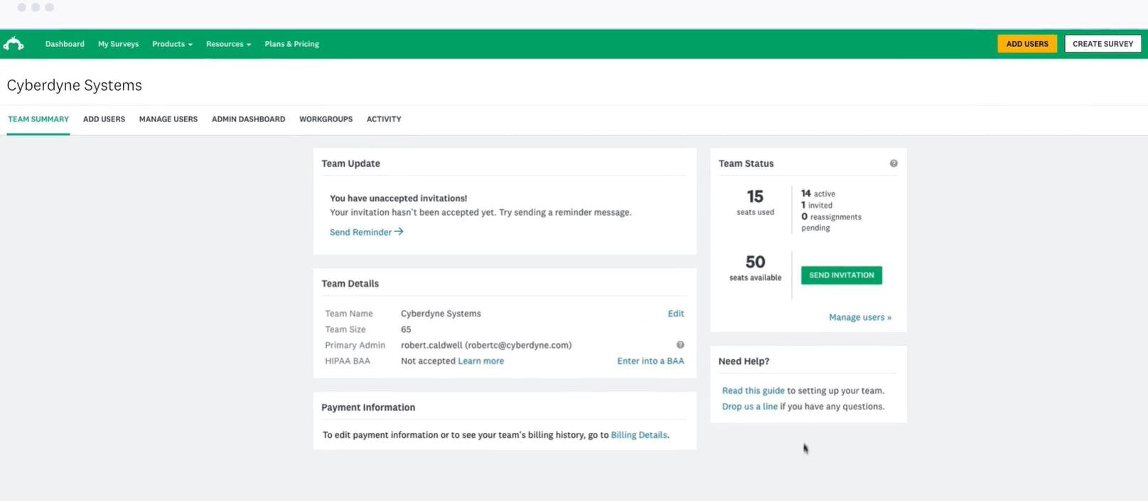 SurveyMonkey Enterprise team summary