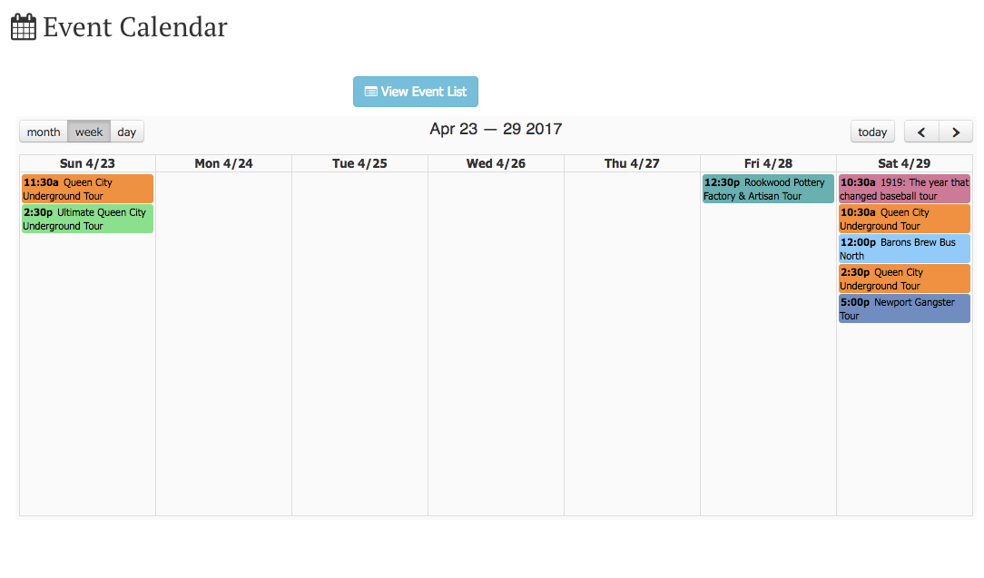 Calendar view - displayed with options by month, week or day. Events can be color-coded for clarity.