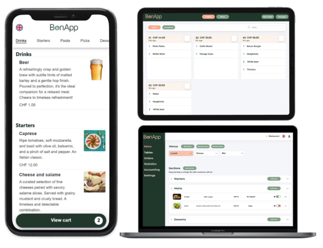 BonApp's hospitality management platform across multiple devices: mobile, tablet, desktop.