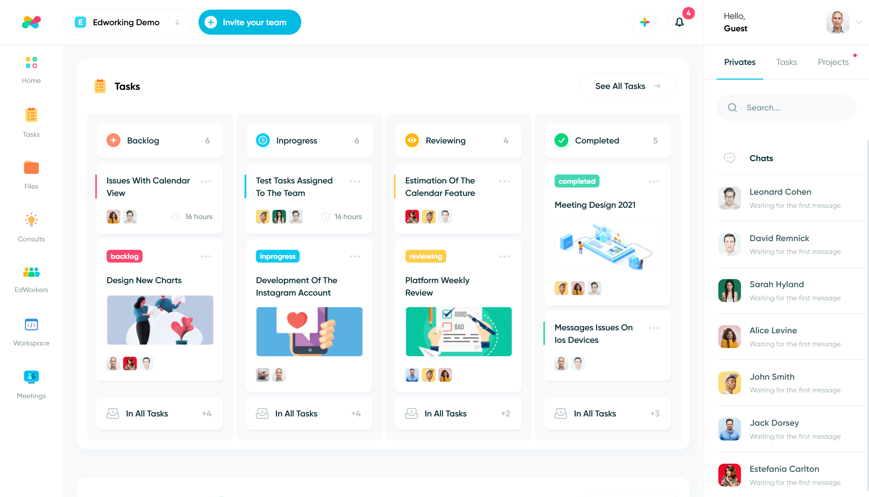 Edworking Dashboard: Your home, the place where users manage their work and their team. You have a full view of your project and multiple widgets that improve the productivity of your team.