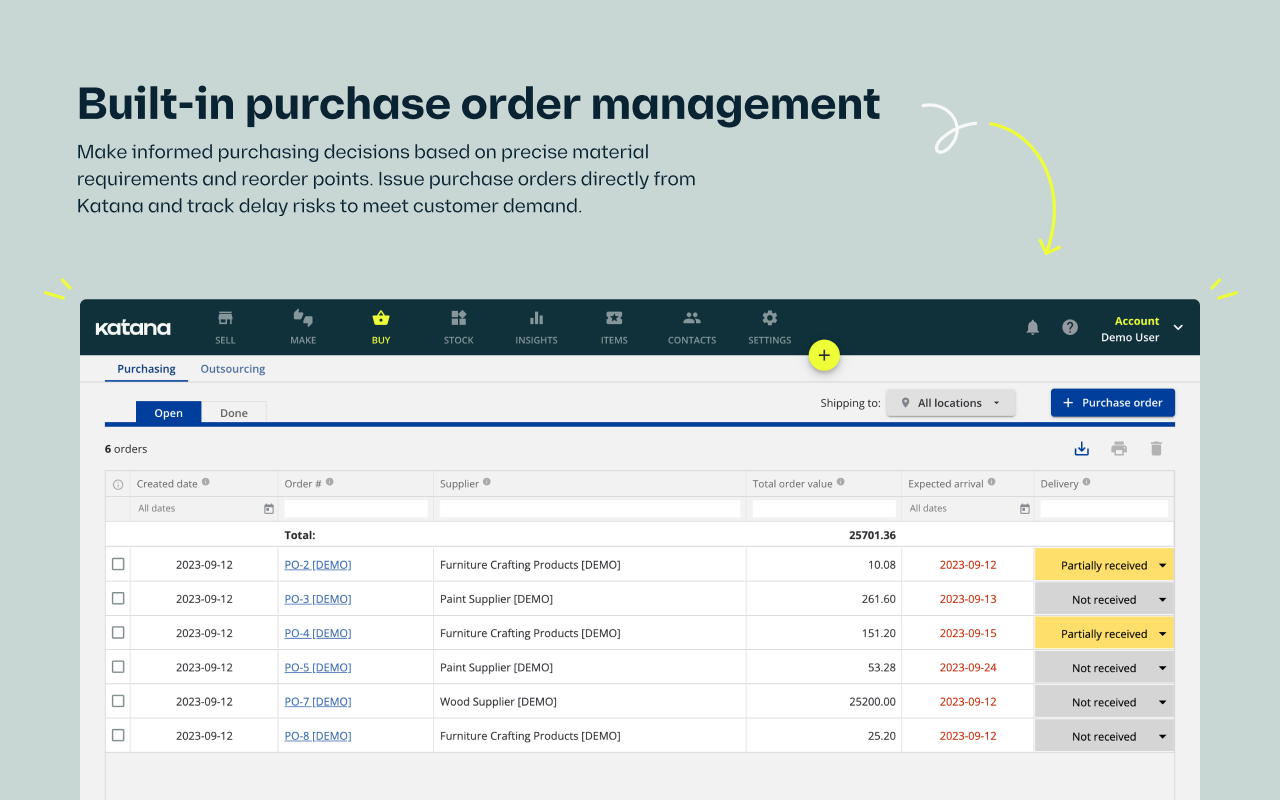 Make informed purchasing decisions based on precise material requirements and reorder points. Issue purchase orders directly from Katana and track delay risks to meet customer demand.
