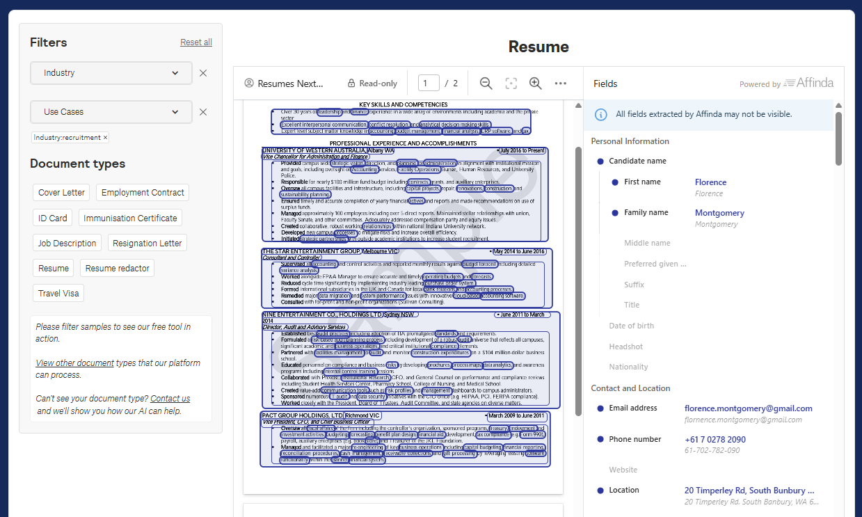 Resume Parser screenshot: Resume Parser Transform resumes into structured data to quickly identify top candidates.