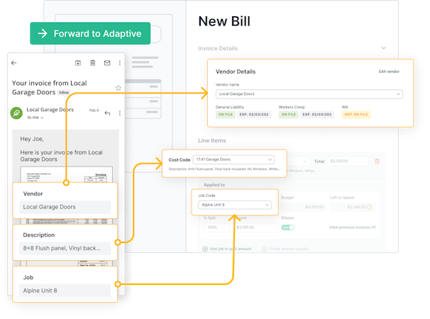 Adaptive screenshot: Eliminate paperwork and manual data entry with artificial intelligence. Forward, text, or scan bills and receipts to your dedicated inbox and watch as details are auto-populated and mapped to the correct job and cost code.