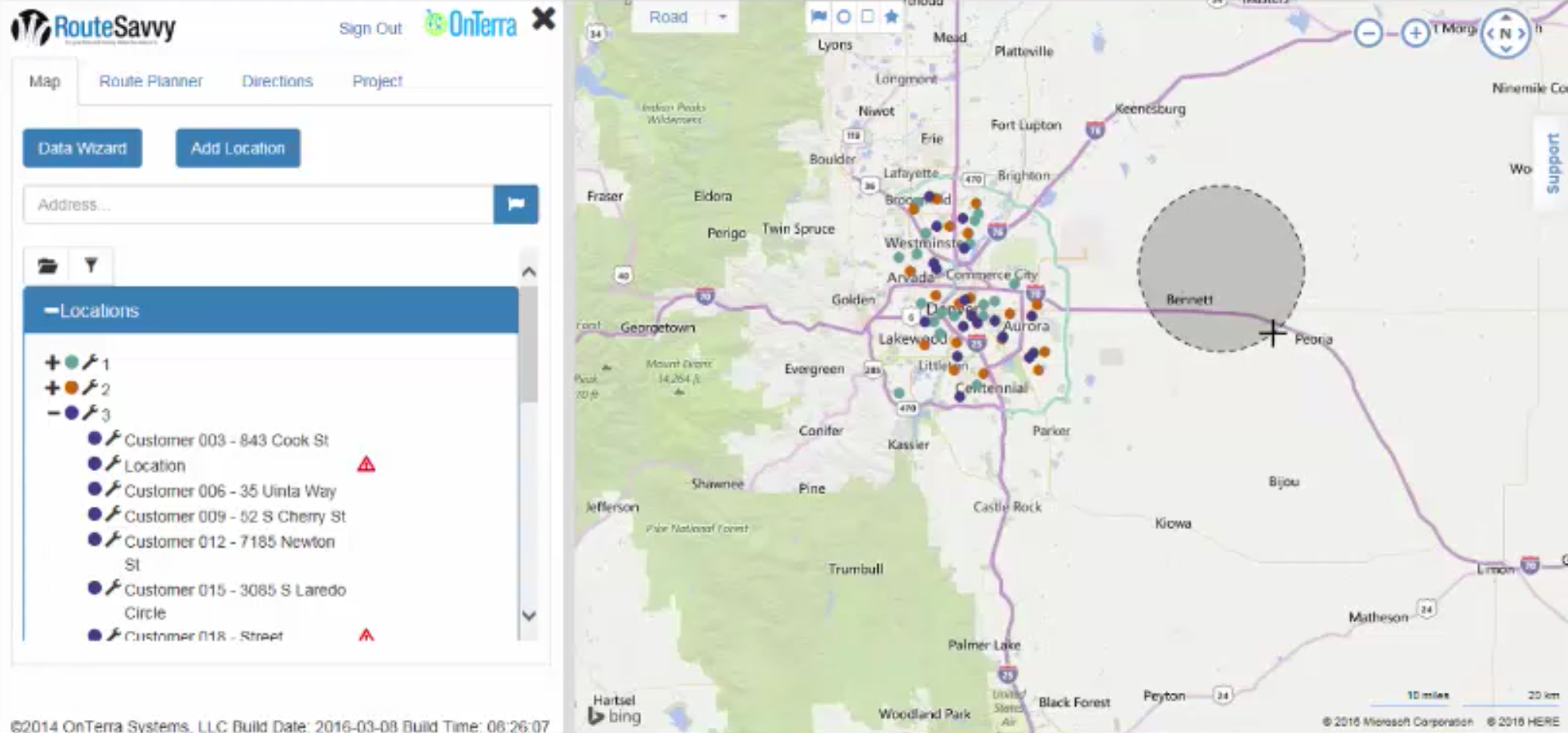 The locations section contains folders and locations (addresses) added and stored in RouteSavvy