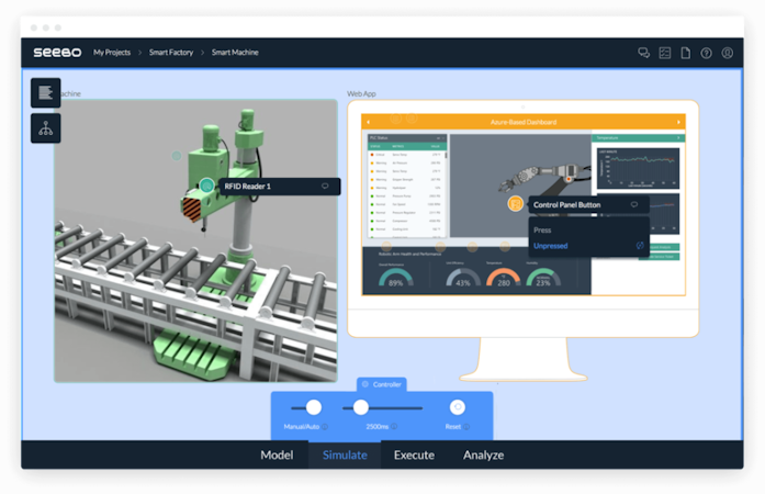 Seebo screenshot: Simulation and rapid prototyping is supported by Seebo's IoT Simulator and an automatic generation of a virtual prototype based on a defined IoT model, allowing for simulation and analysis of proposed functionality