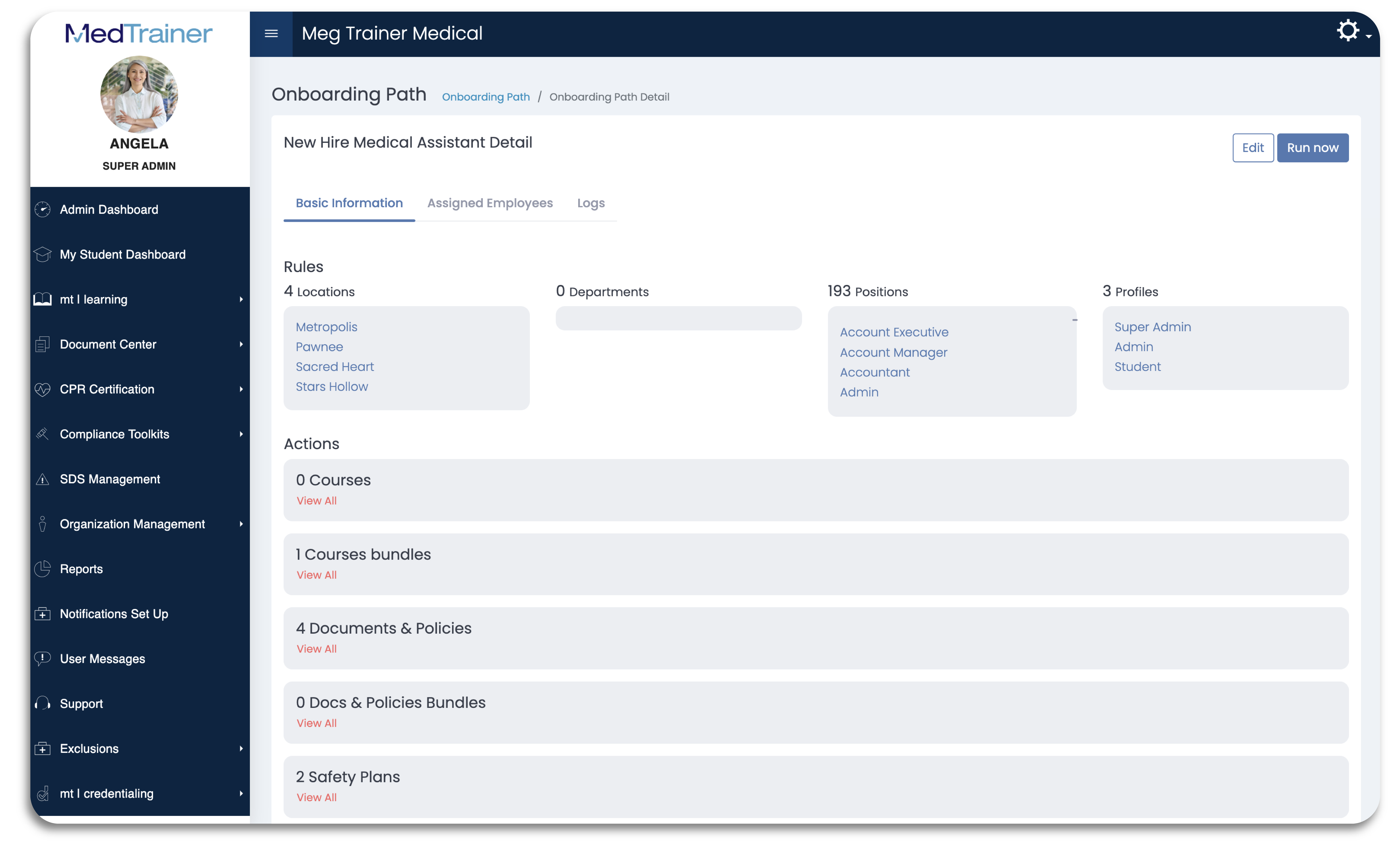 MedTrainer screenshot: One-click employee onboarding based on role, department, and location reduces administrative work from days to hours