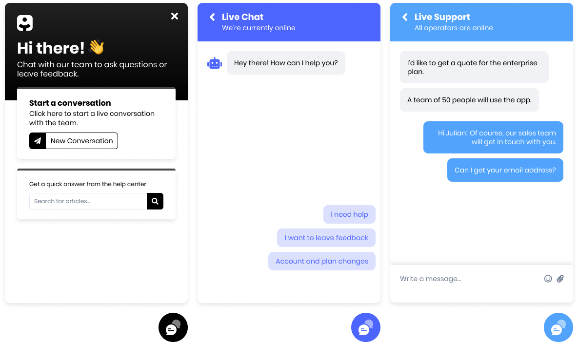 Turn visitors into leads and customers into happy users. Completely customize your live chat widget and easily embed it in any website. Chat with your visitors in real-time or create chatbots to automate support & sales.