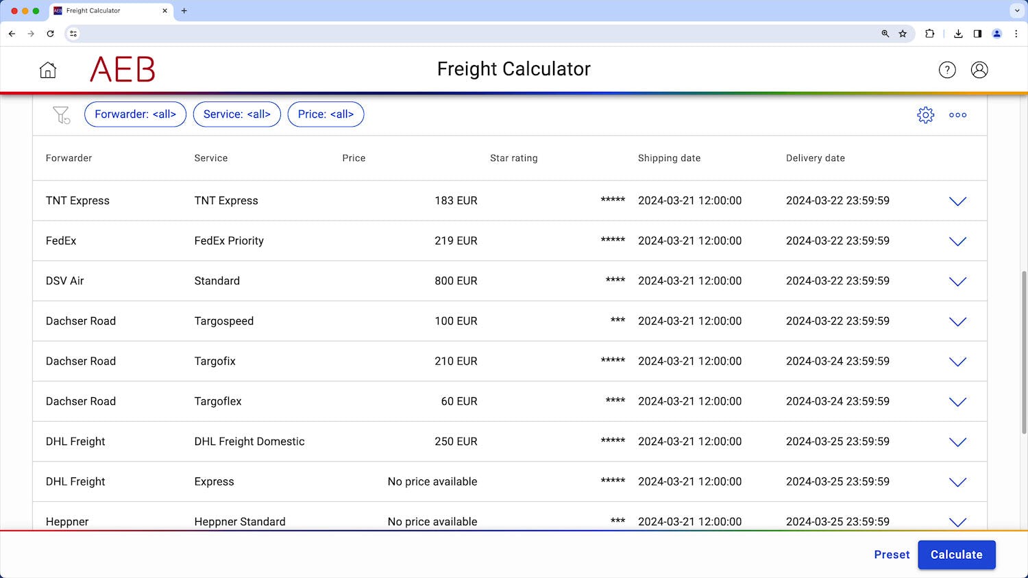 AEB Transportation Management System Software - Running ad hoc freight cost calculations for sales inquiries. For sales inquiries, you can run an ad hoc freight cost calculation, including a display of prices and transit times.