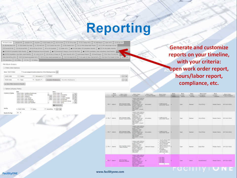 FacilityONE Software - Reporting capabilities allow for the generation and customization of reports on a particular timeline, subject to certain criteria