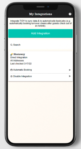 TIDY Integration Page - Mobile View