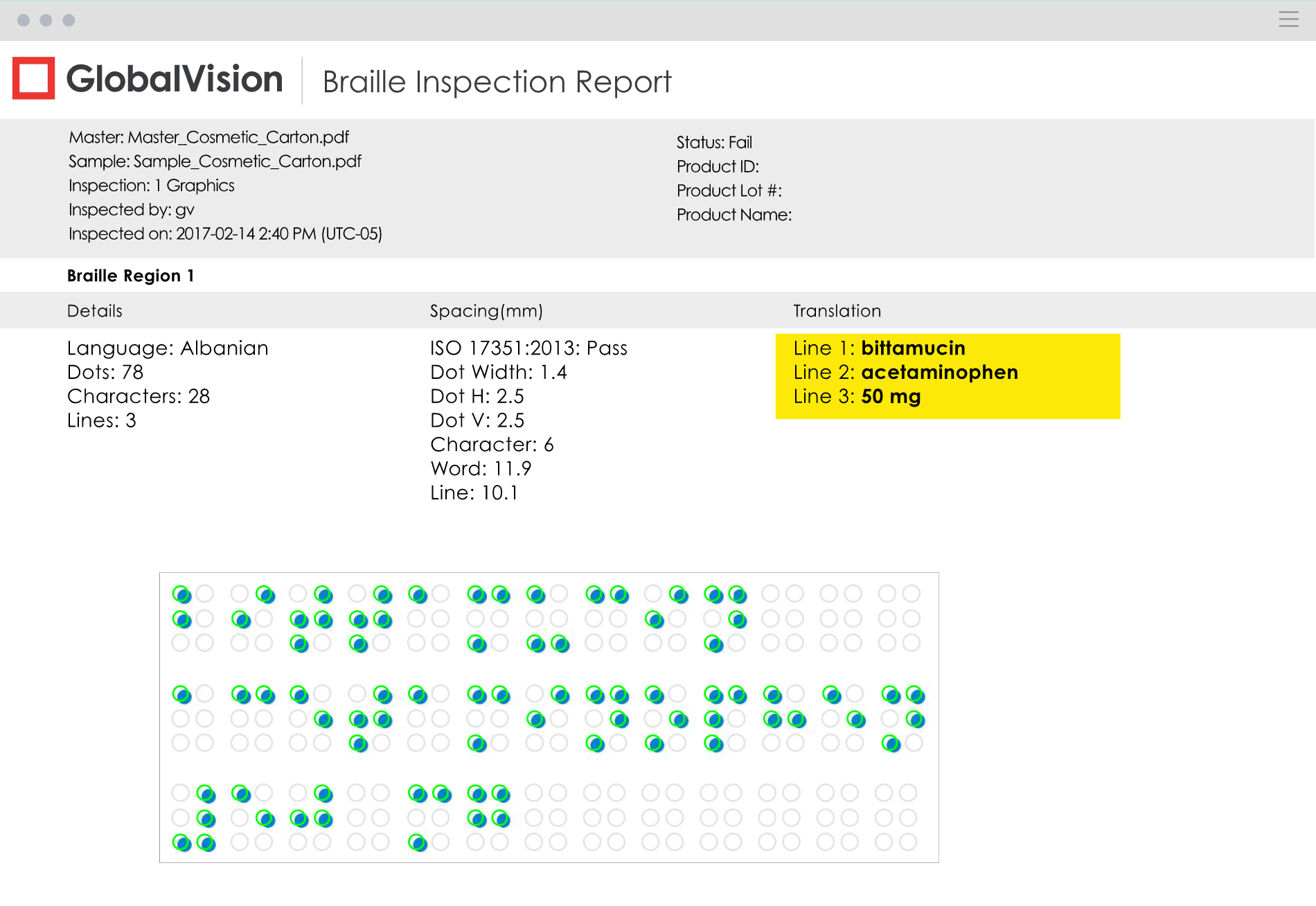 GlobalVision Software - Braille inspection report
