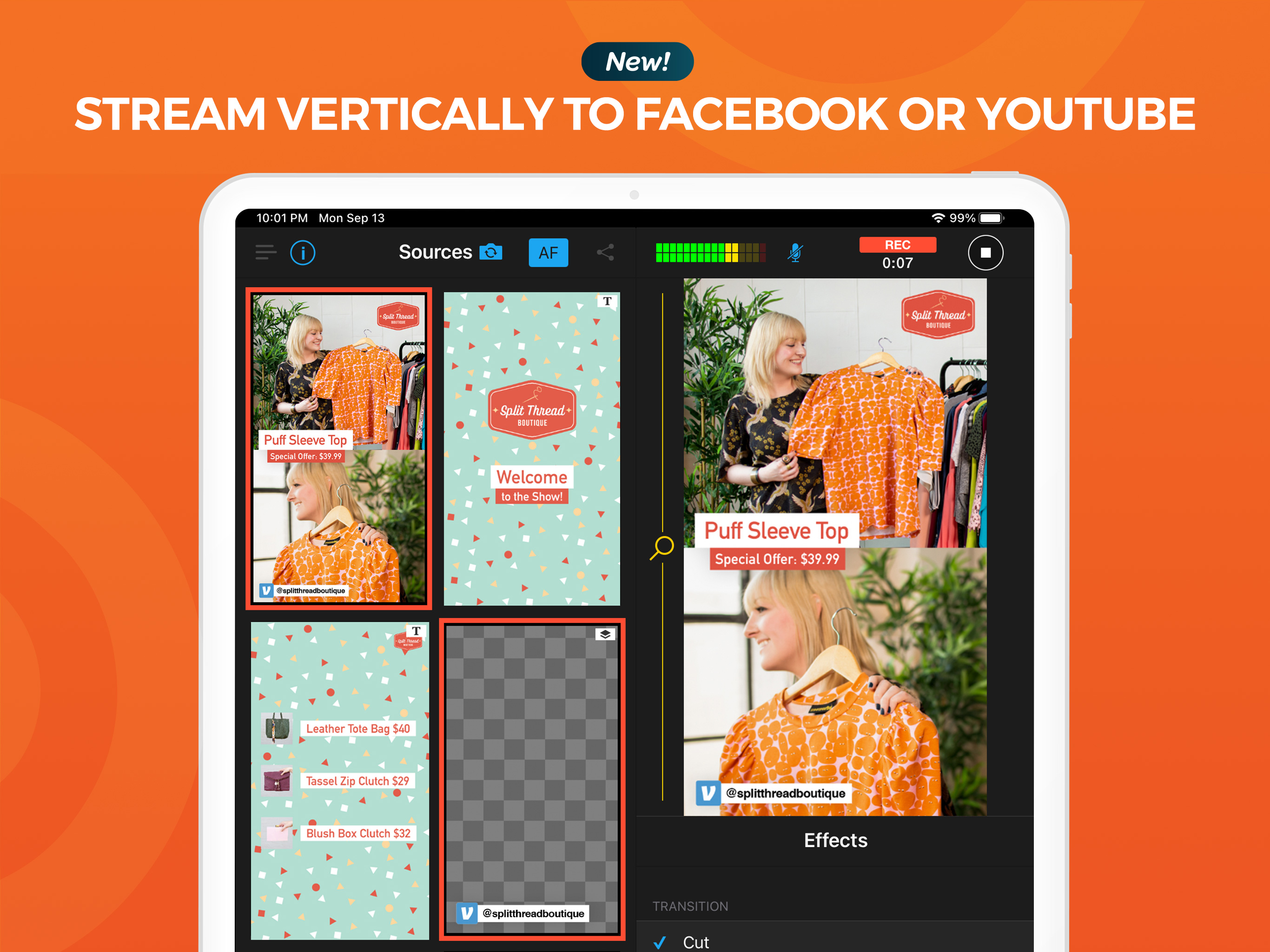 Whether you're shooting vertically or in landscape mode, you can add graphic overlays or logos you create yourself, or customize using the graphic templates within the app. Things like lower thirds, product listings, or your own CTAs.