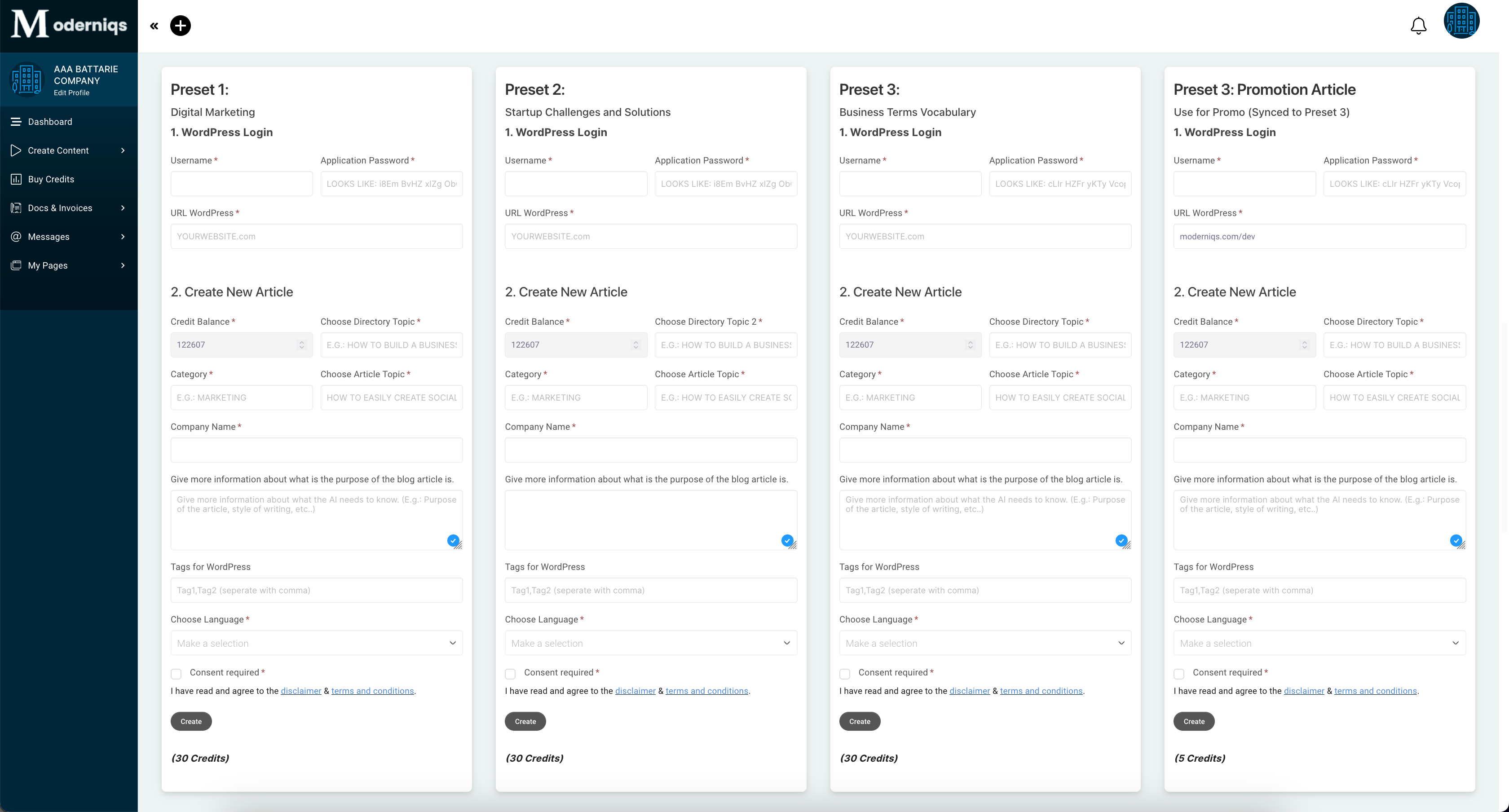 1-Click AI Blog Article App screenshot: 3 Presets to create articles for different topics simultaniously.