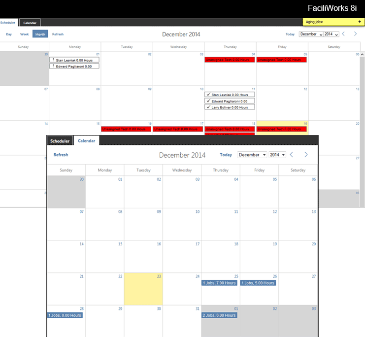 FaciliWorks CMMS Software - Use the drag & drop scheduler in FaciliWorks CMMS to assign a date on which a technician will complete a PM/WO and assign/reassign PM and WO events to any staff member on any day to quickly and easily balance work load hours among available resources.
