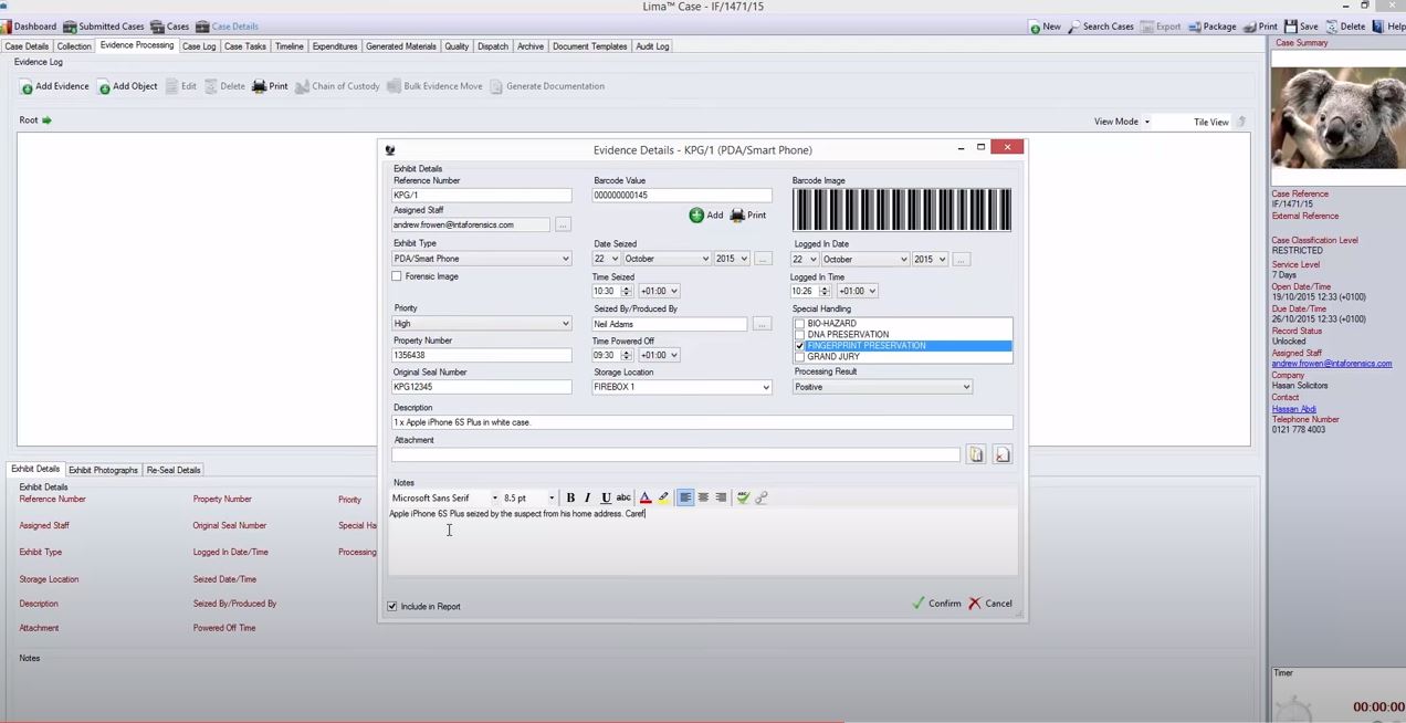 Lima screenshot: Lima evidence processing