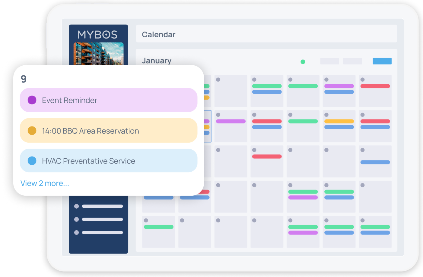 The Calendar functions allows for the Building/Facility Manager to quickly view their daily tasks and reminders in addition to being able to view preventative maintenance and more