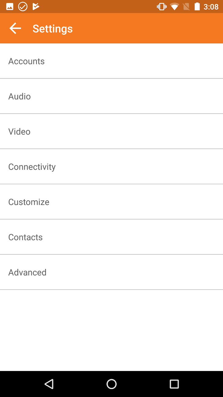 Zoiper Software - The settings menu on Zoiper Pro for Android, giving access to accounts, audio / video, connectivity, customization options, contacts and more