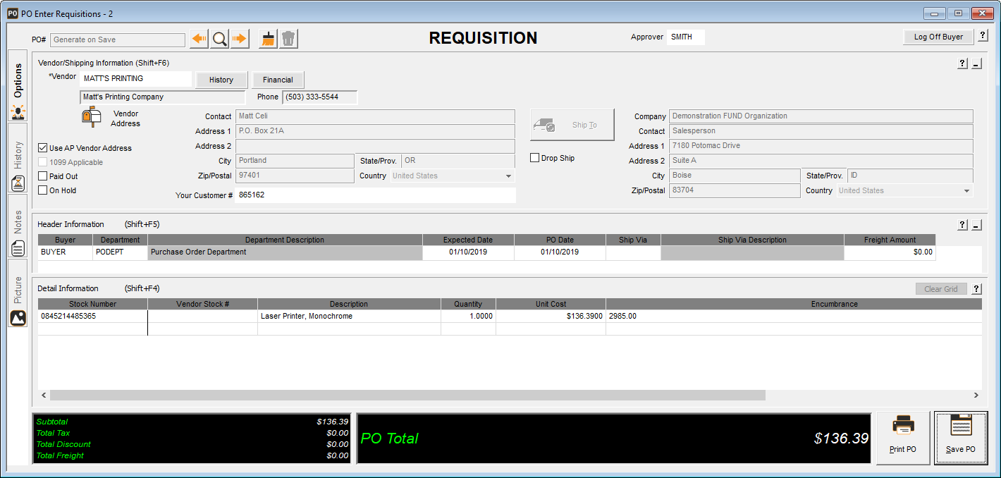 Purchase Order Requisitions Window