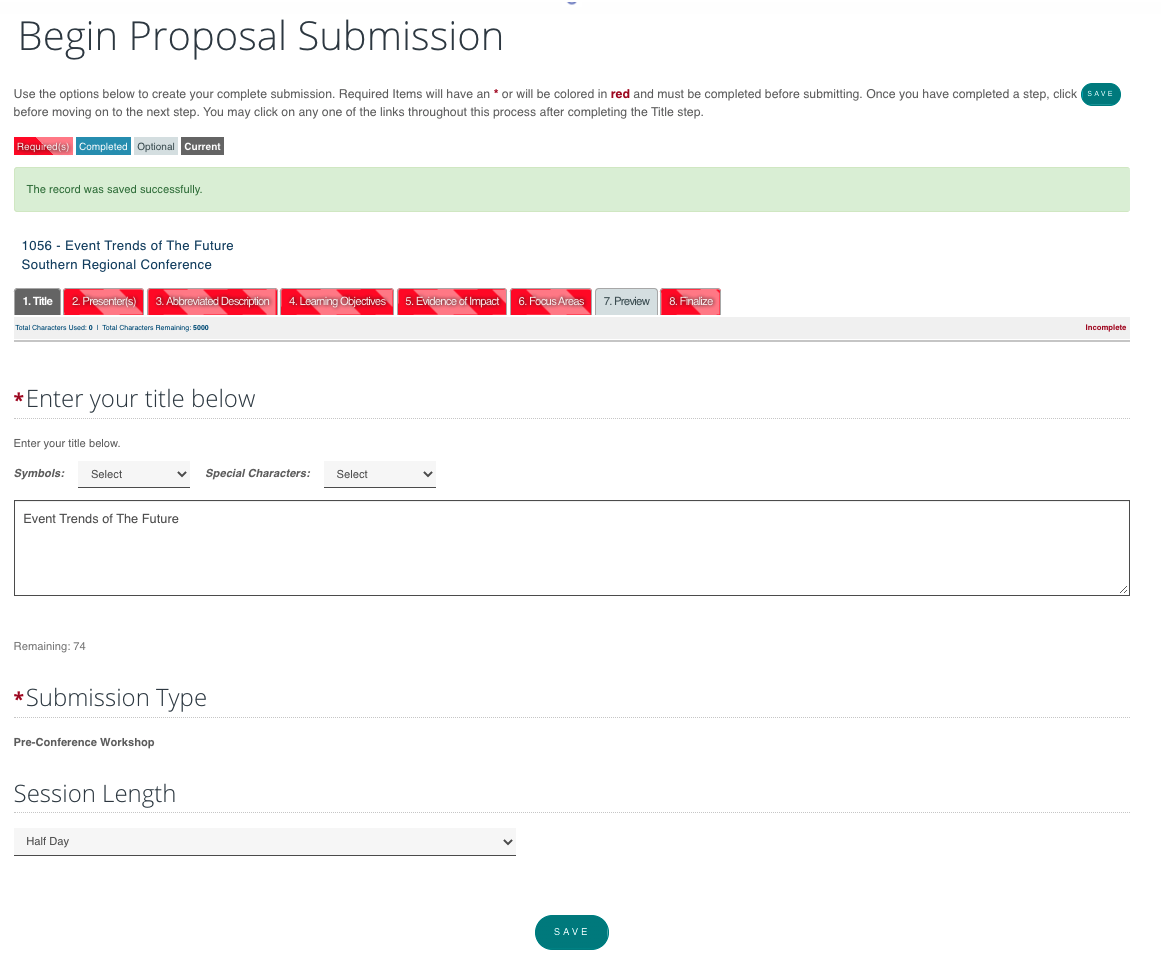 Attendee Interactive screenshot: Attendee Interactive proposal submission
