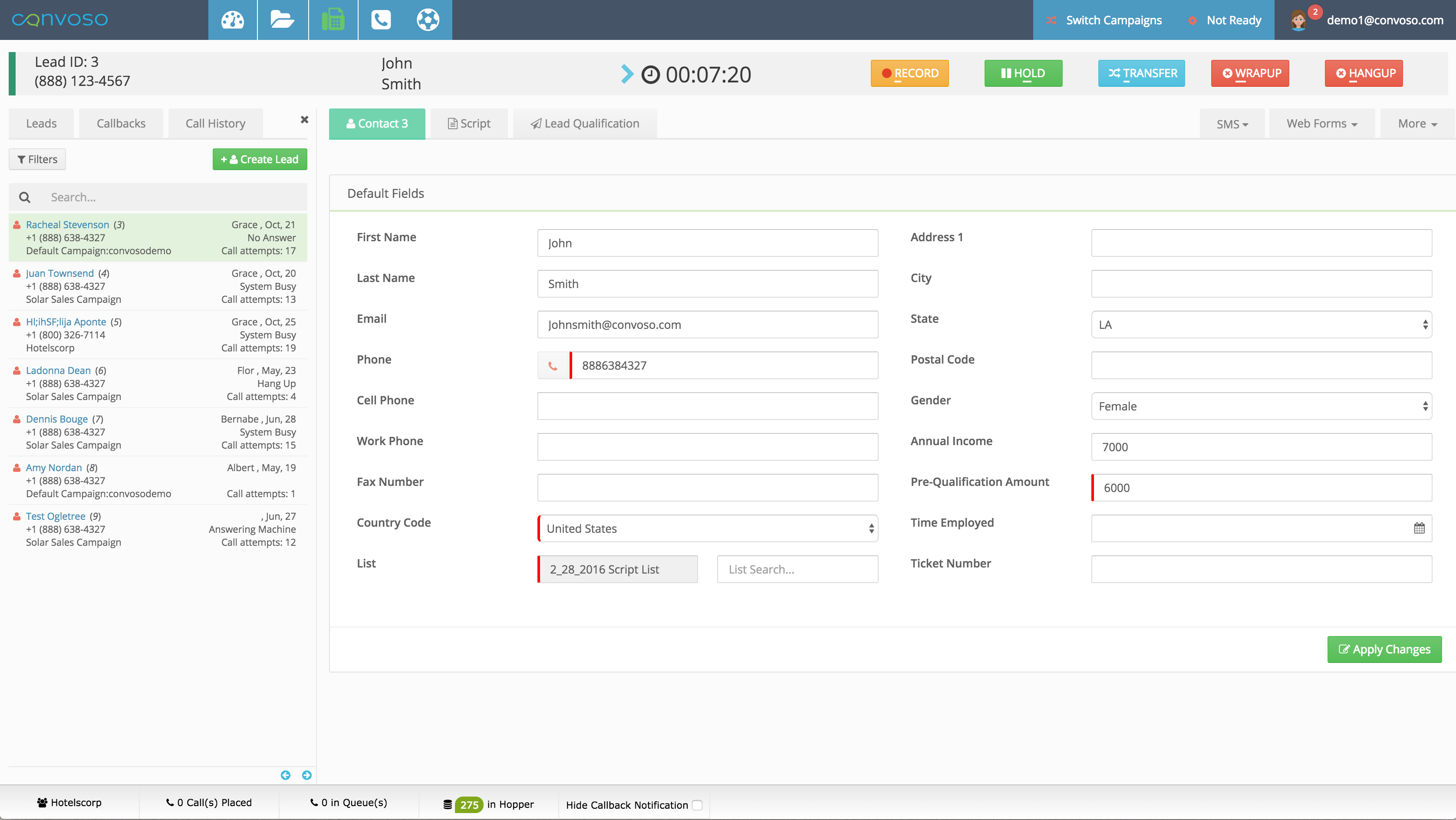 Agent live call dashboard
