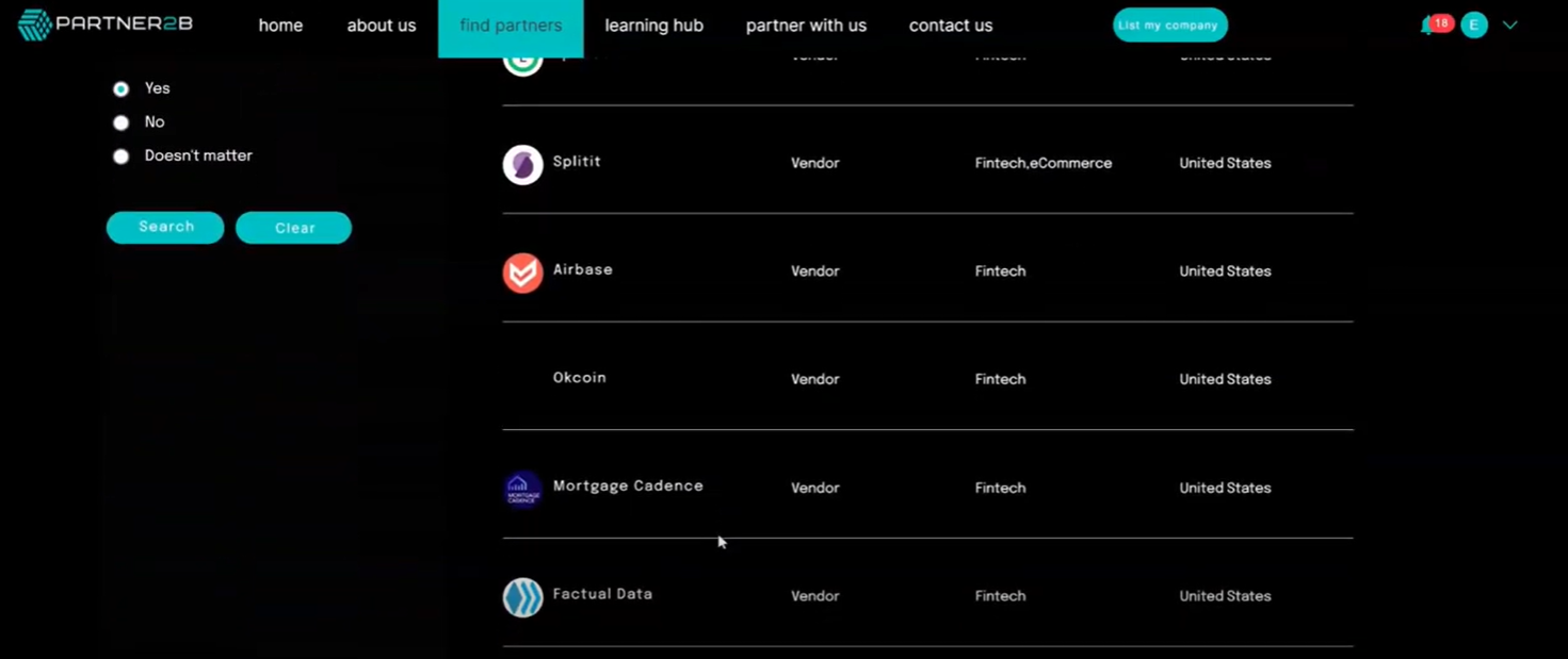 PARTNER2B screenshot: PARTNER2B find partners module