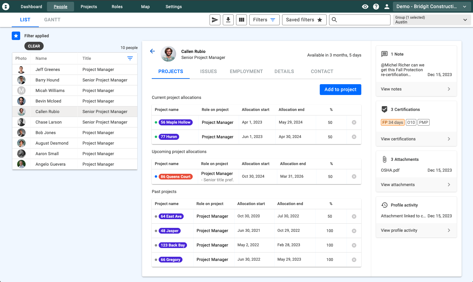 Detailed profiles for every team member means you can track full project histories, skills, experience, and any number of custom fields you wish to track. You can even add certifications and track expiration dates to ensure you're always compliant.