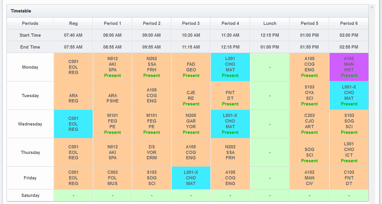 Zippro School Management System timetable