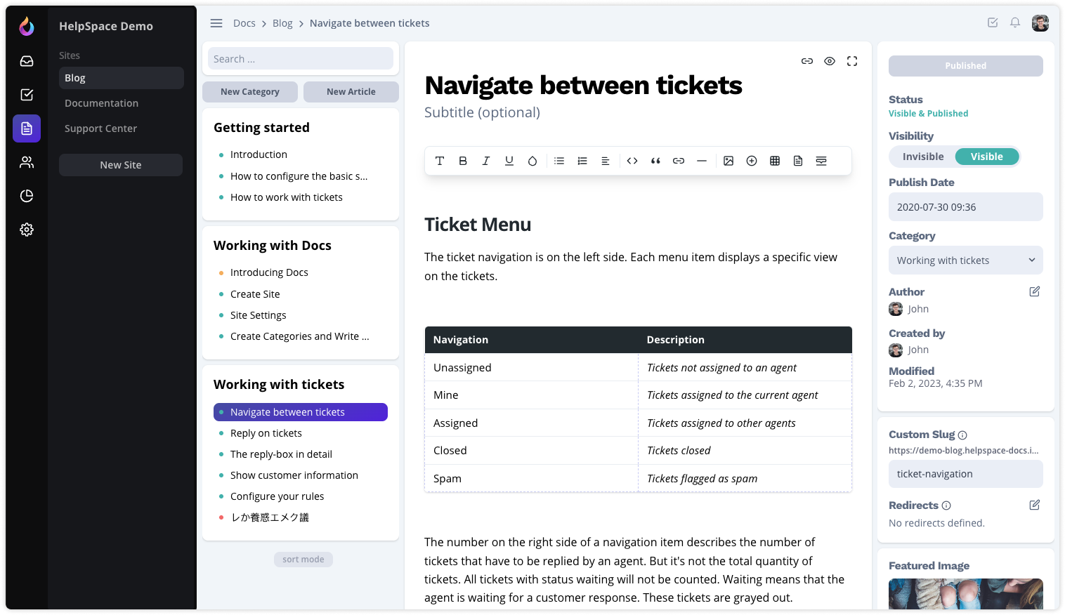 HelpSpace Software - HelpSpace Docs: an integrated knowledge base, which can be shared within the team or with customers, to find solutions in ticket processing or publish information for 24x7 customer access.