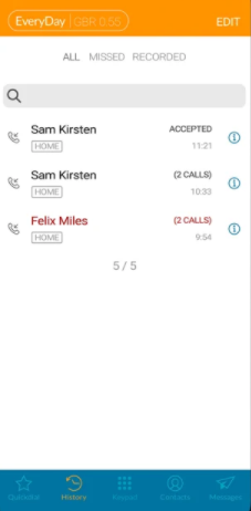 EveryDay Voip screenshot: EveryDay Voip call history