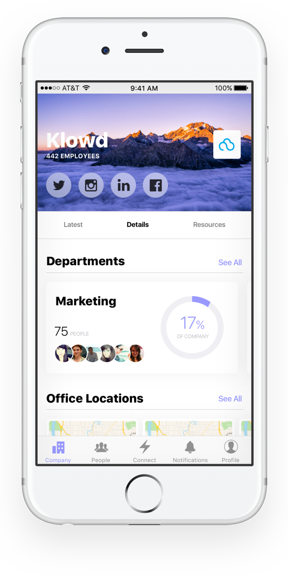 Structural Software - The Company tab within the mobile app, showing latest updates, general announcements and news feeds, plus quick access links to social media accounts