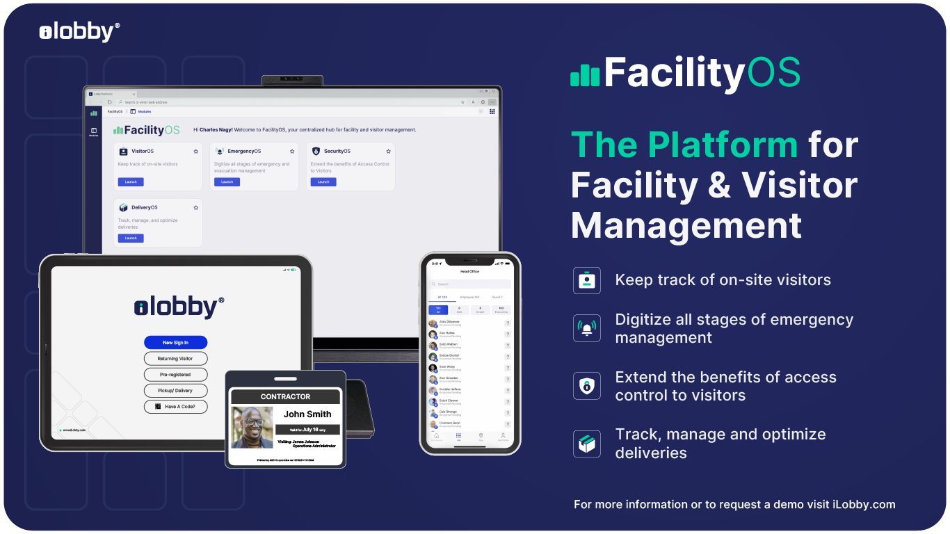 Facility and Visitor Management Platform – iLobby’s FacilityOS is a modular platform used by security professionals, facility managers, compliance teams, and operational leadership to drive safety, security and compliance across complex facilities. 