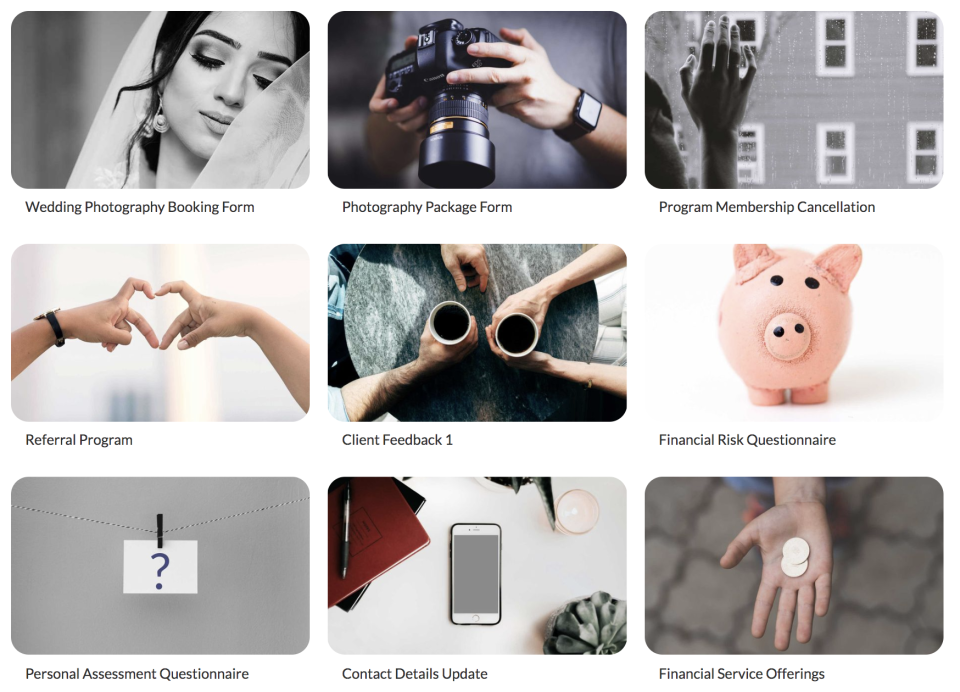 A range of form templates are offered for different purposes