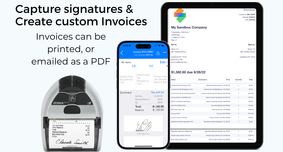 inSitu Sales Software - Use custom mobile invoice templates to send invoices that can be printed or emailed as a PDF.