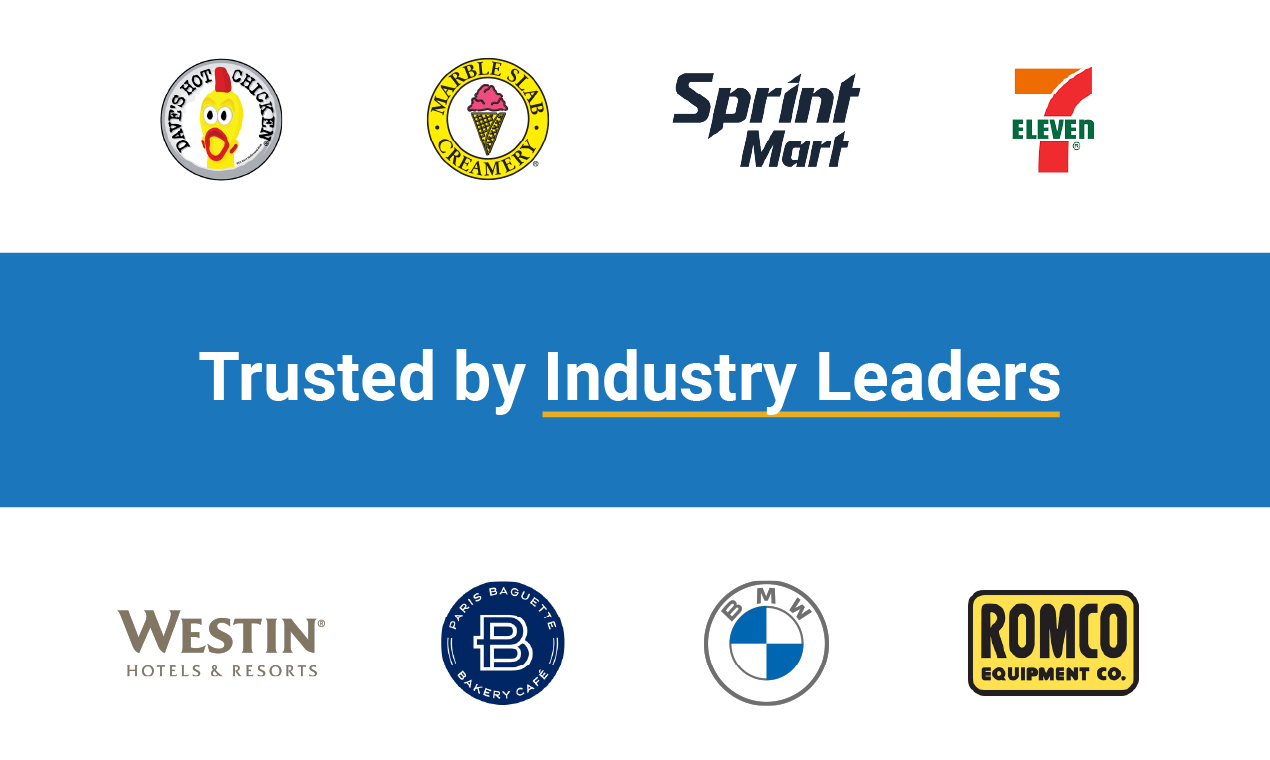 NexSigns screenshot: Clients like Paris Baguette, Marble Slab, 7-Eleven, and BMW trust NexSigns with their digital signage needs.