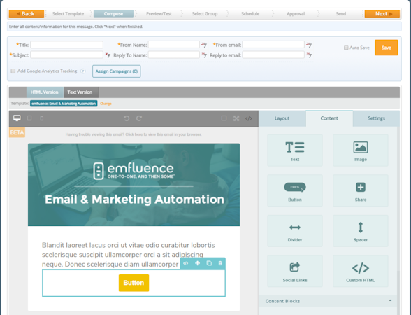 emfluence Marketing Platform screenshot: The drag and drop email builder adds new layouts, pre-built content blocks, or email components, all with built-in brand colors and responsive template design