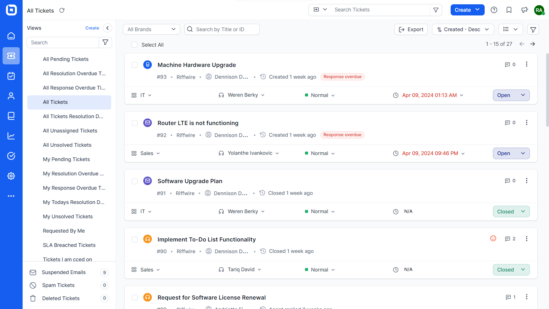 BoldDesk screenshot: With grid and card layouts, the ticket list page is designed to be modern, user-friendly, and intuitive