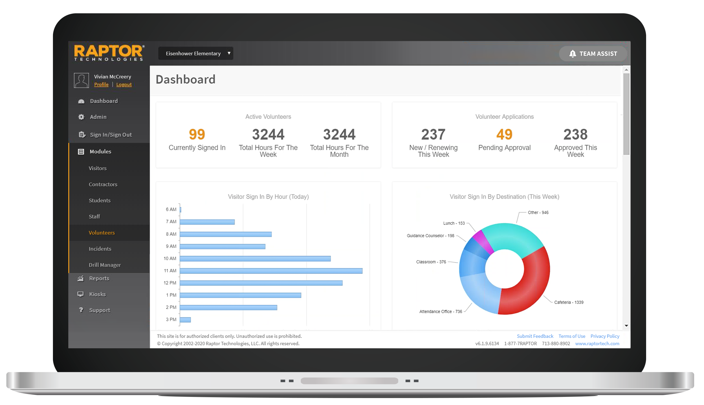 Raptor Volunteer Management Software - Report on total volunteer hours by building, by project, or district-wide. Volunteers can also view their volunteer history through various reports in the Volunteer Portal.