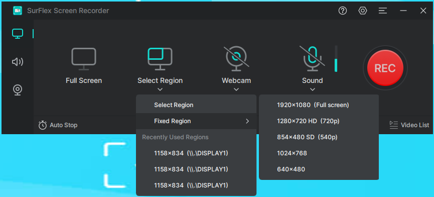 SurFlex Screen Recorder Software - Select a region to record