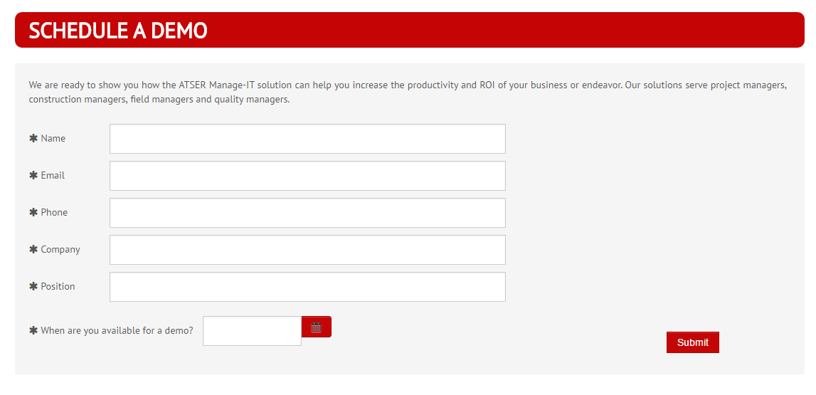 Manage-IT screenshot: Interested customers can schedule a demo session with ATSER for Manage-IT solution