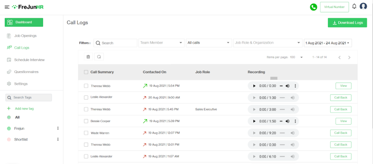 FreJun screenshot: Call logs: All the outbound and inbound calls of every user are logged into the platform. 