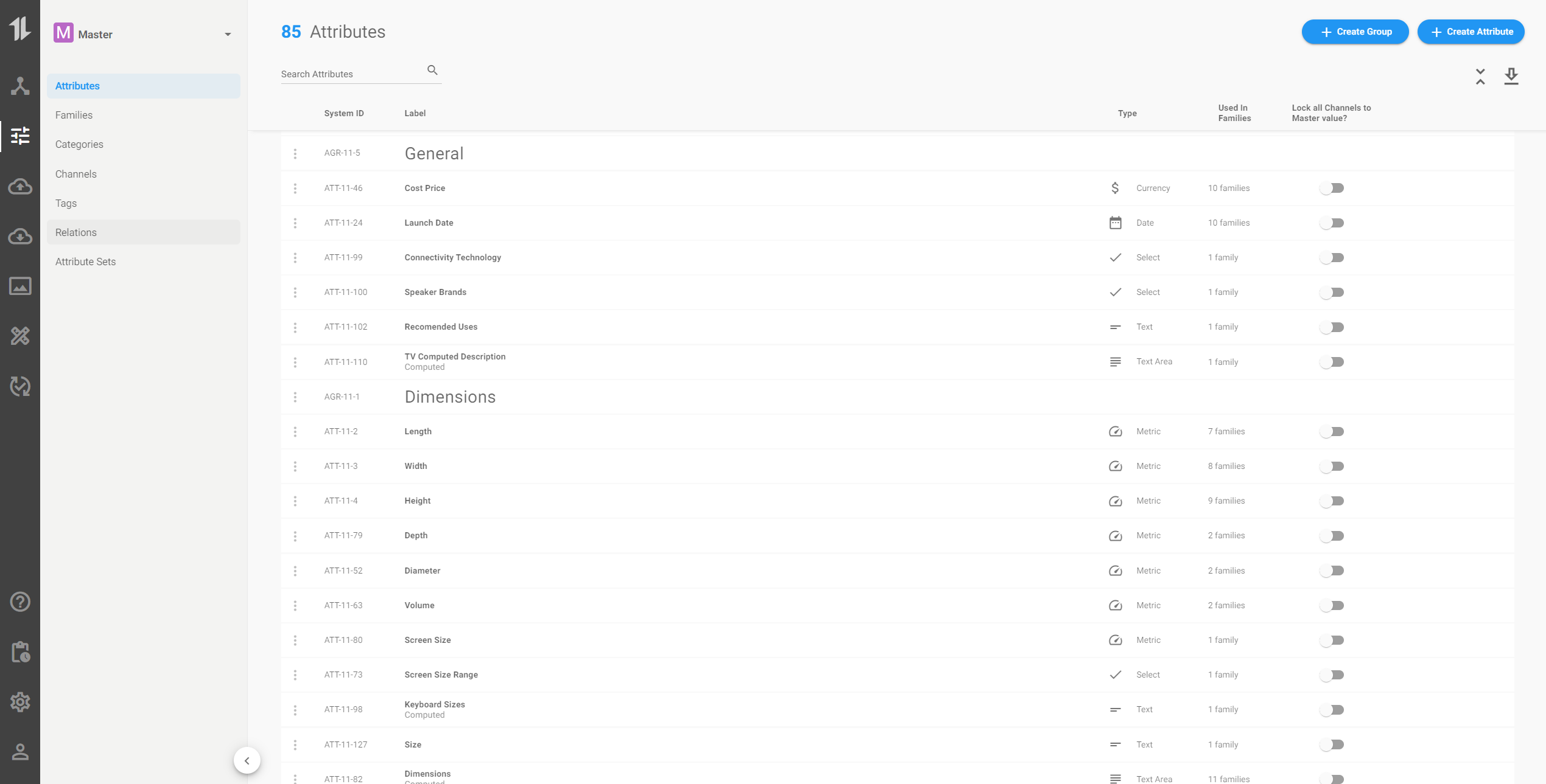 OneTimePIM screenshot: With our help, you can build up a list of attributes with a wide variety of types including metrics, text, numbers, select and even computed attributes using formulas.